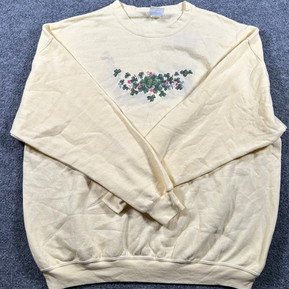 Vintage Sweatshirt Womens Size XL Yellow Floral Clover Graphic Pullover Stained